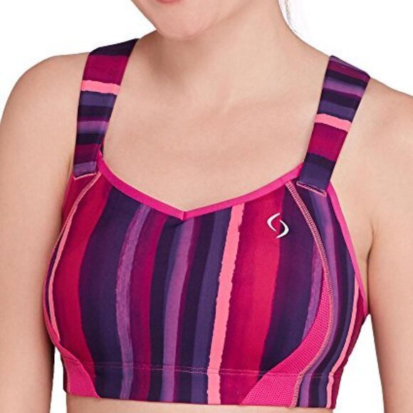 Brooks Moving Comfort Juno Sports Bra Pink Purple 38D Striped Padded Racerback - Picture 1 of 7